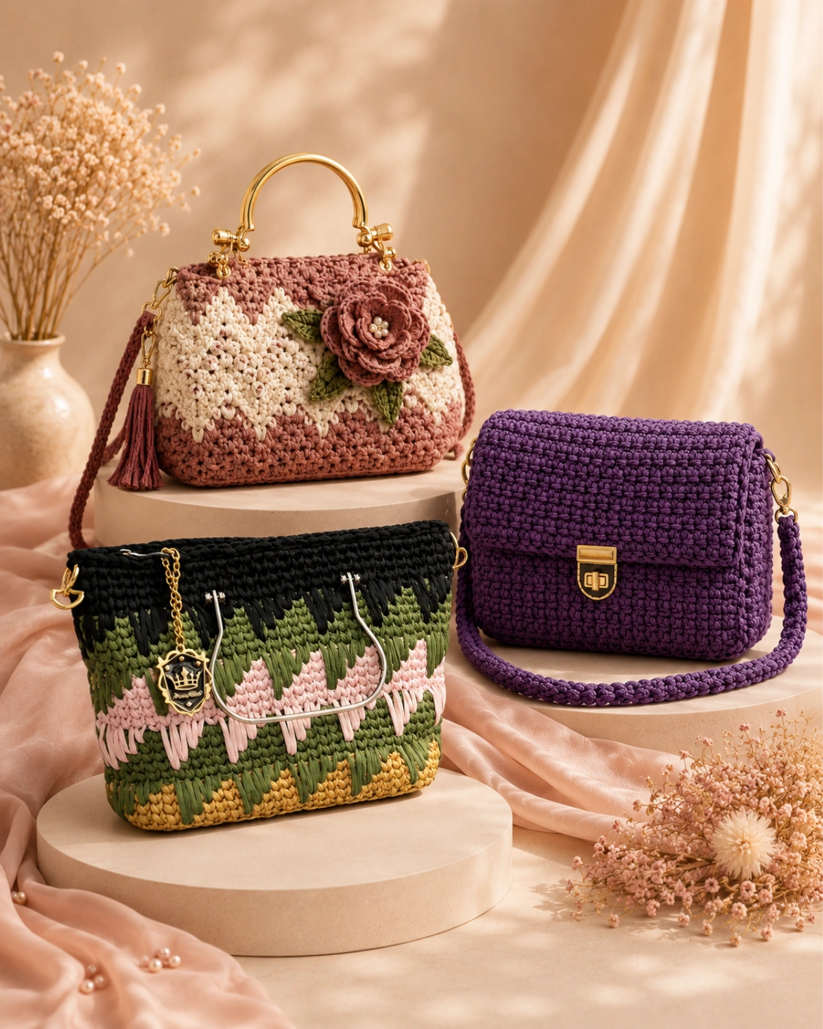 Premium crochet handbags styled on warm cream pedestals