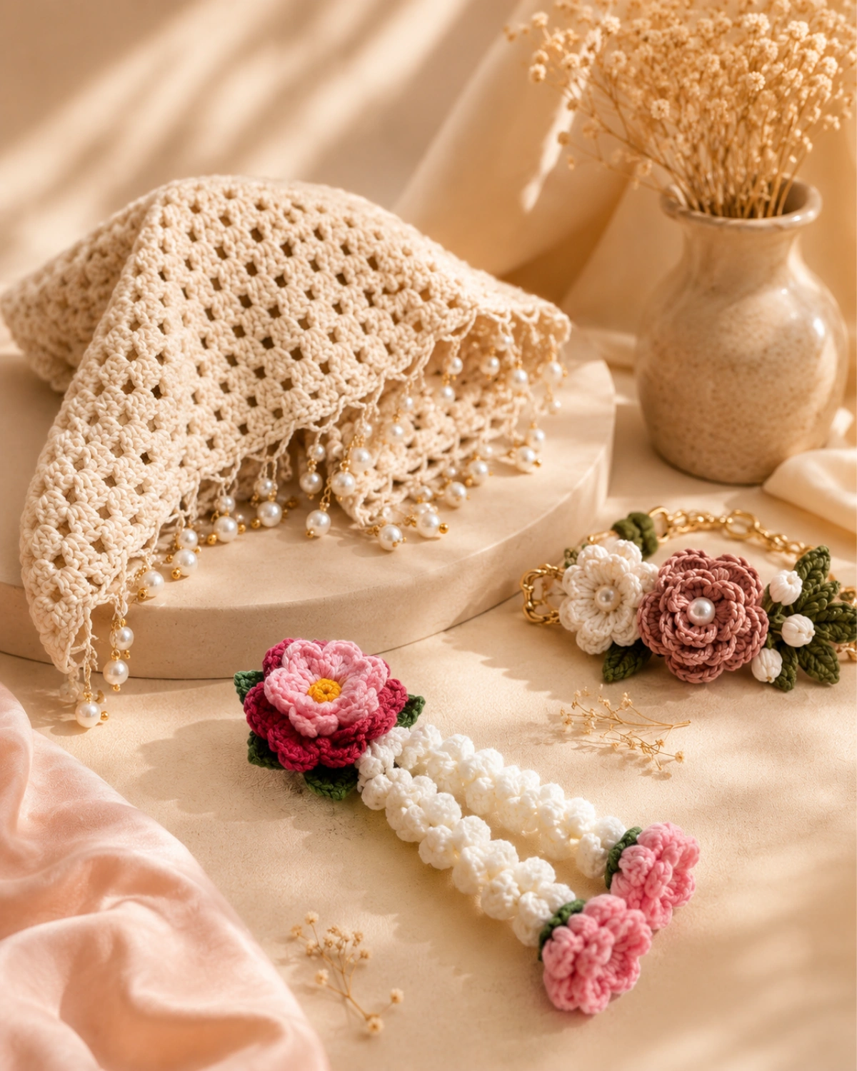 Crochet scarf and floral accessories styled with pearls on cream satin