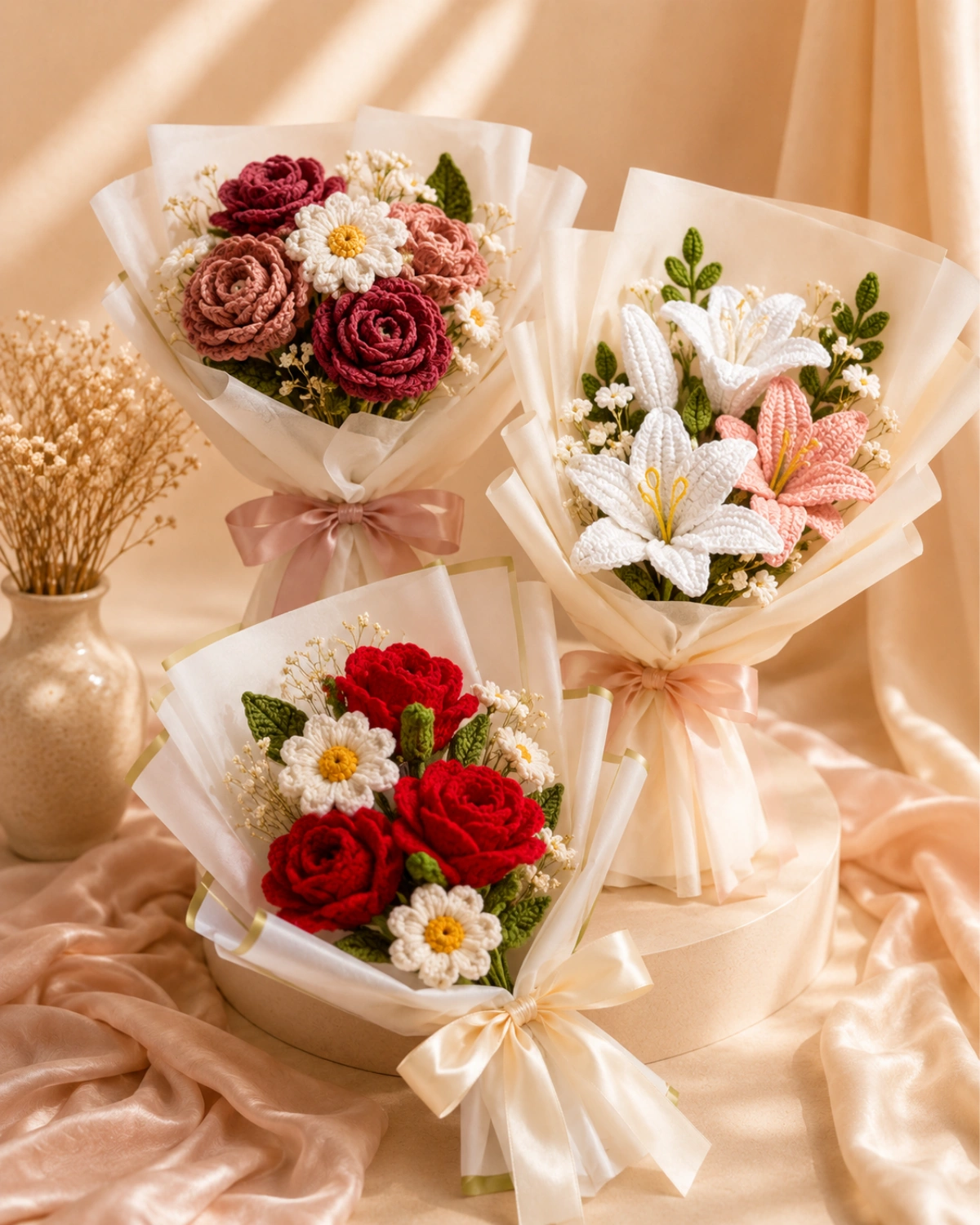 Handmade crochet flower bouquets arranged on warm cream pedestals