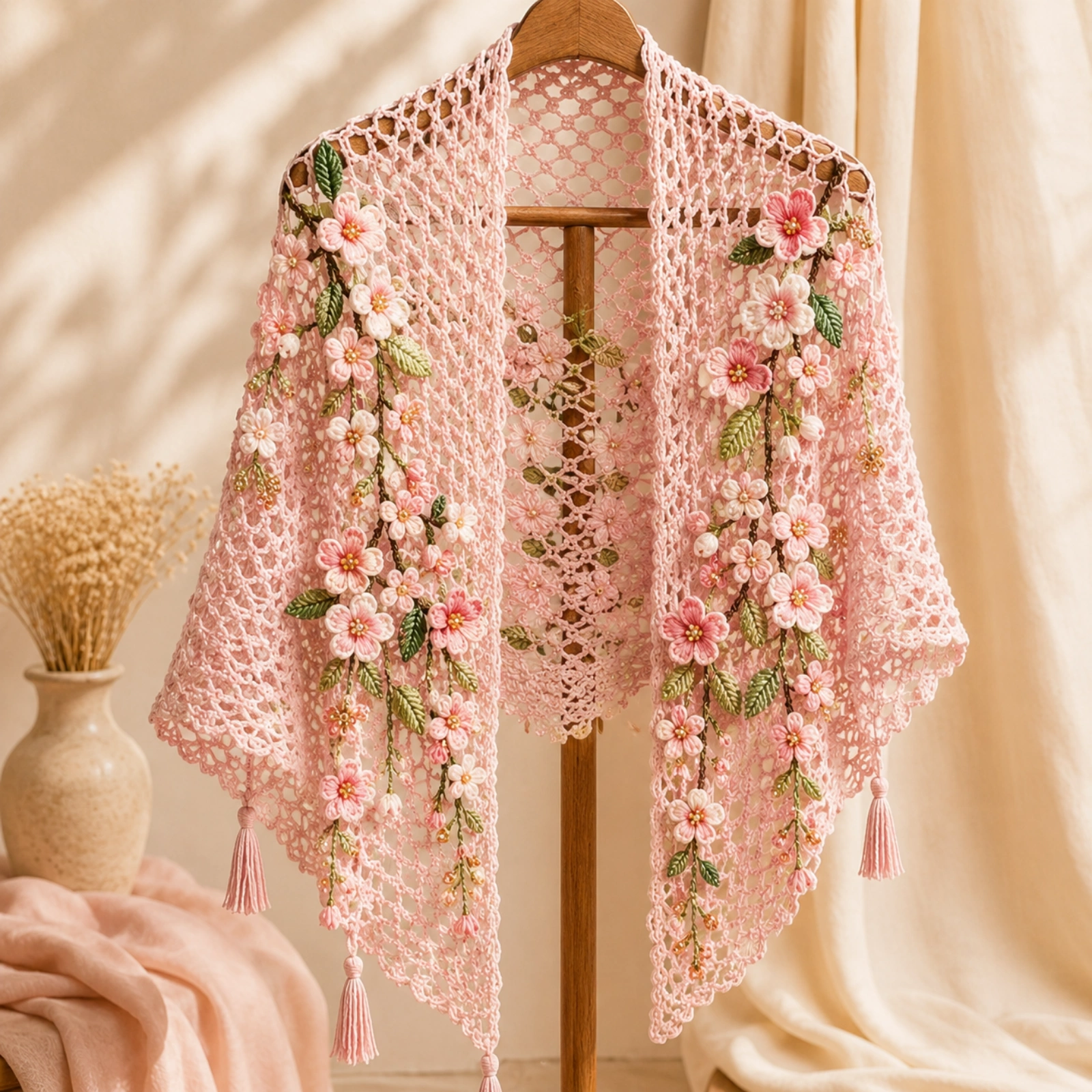 Pink floral handmade crochet shawl on a wooden stand
