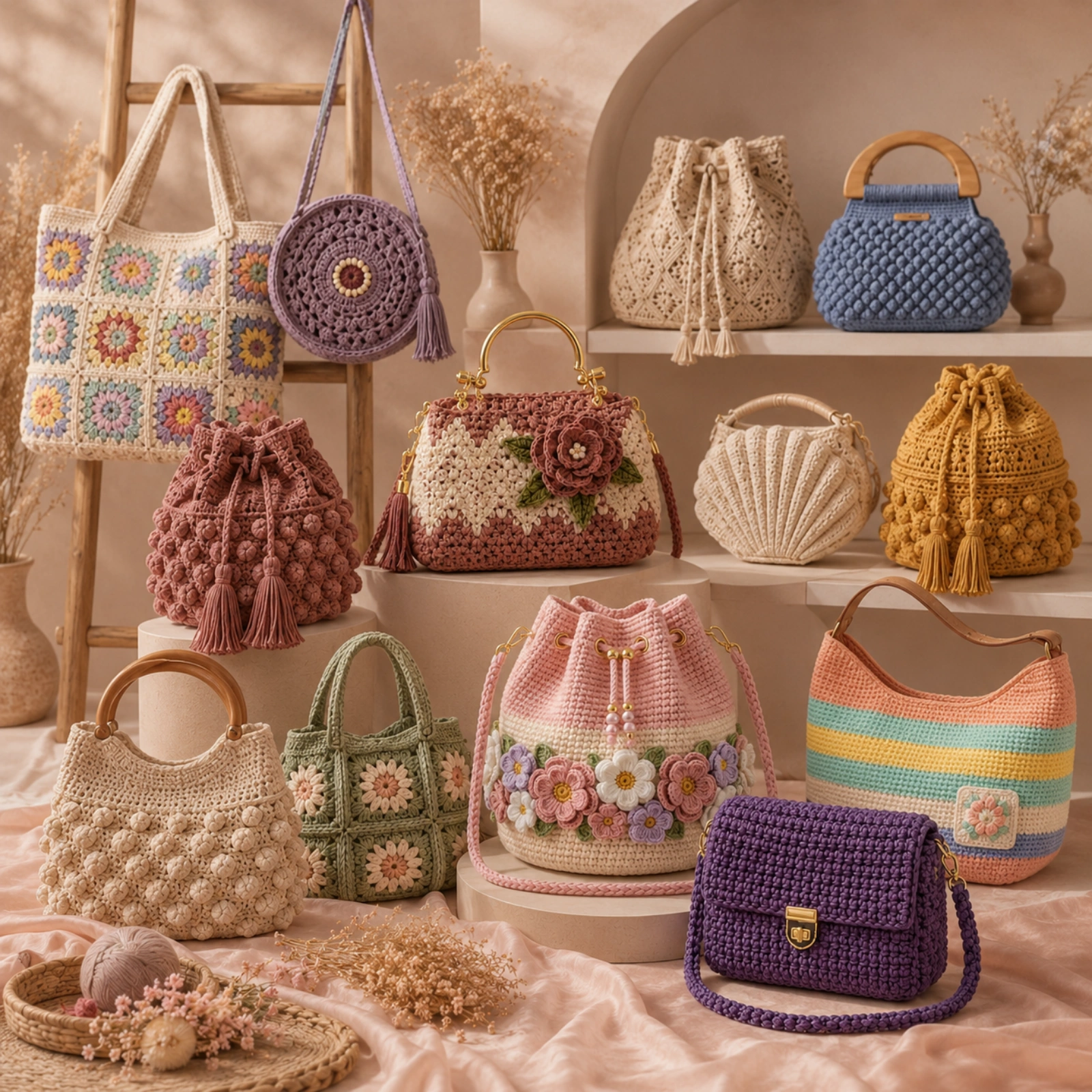 Premium handmade crochet bags collection in pastel and warm neutral colors
