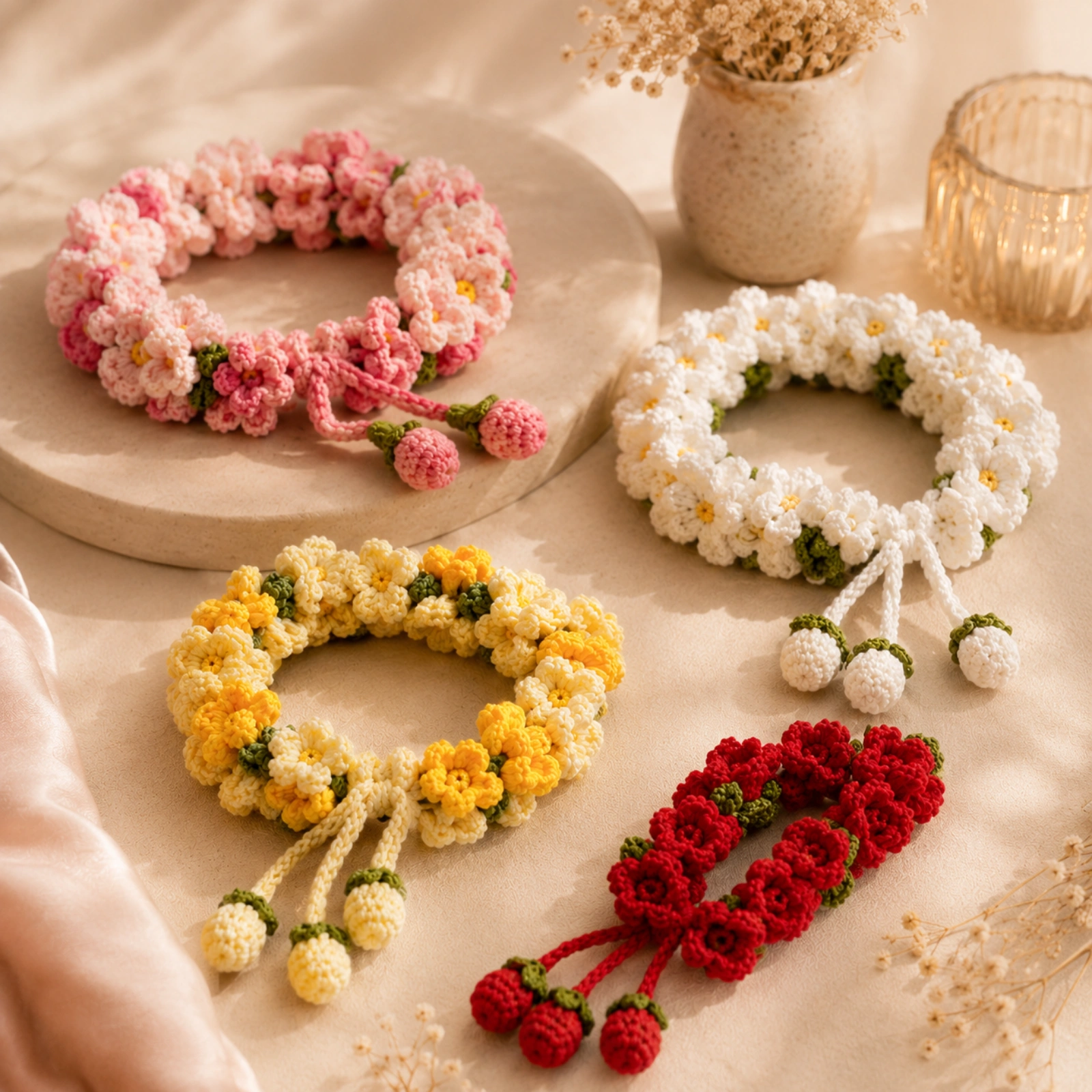 Handmade crochet floral gajra garlands in red white yellow and pink