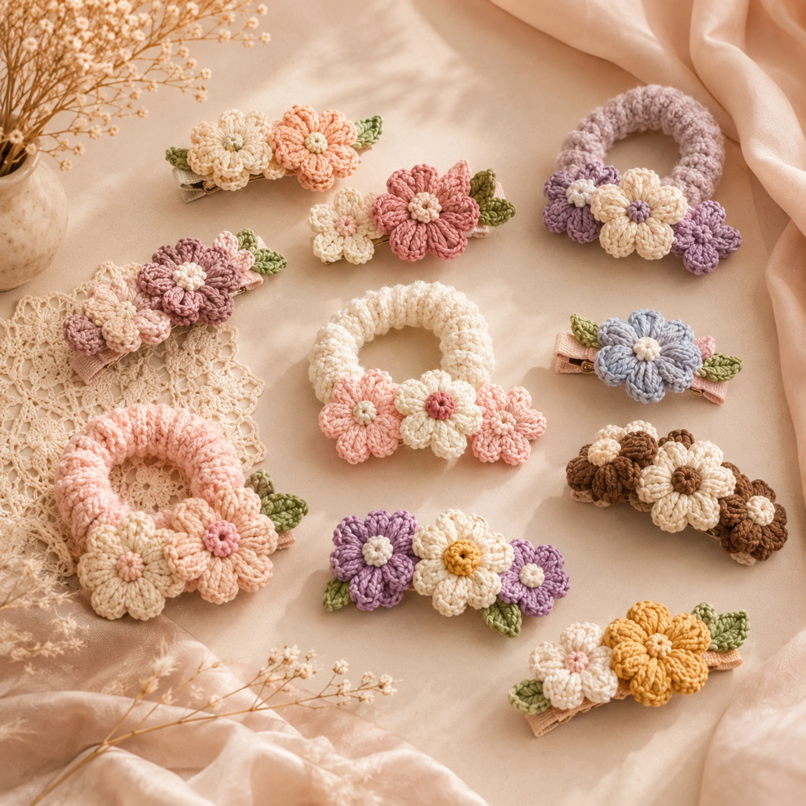 Handmade crochet floral hair accessories and scrunchies styled on warm satin