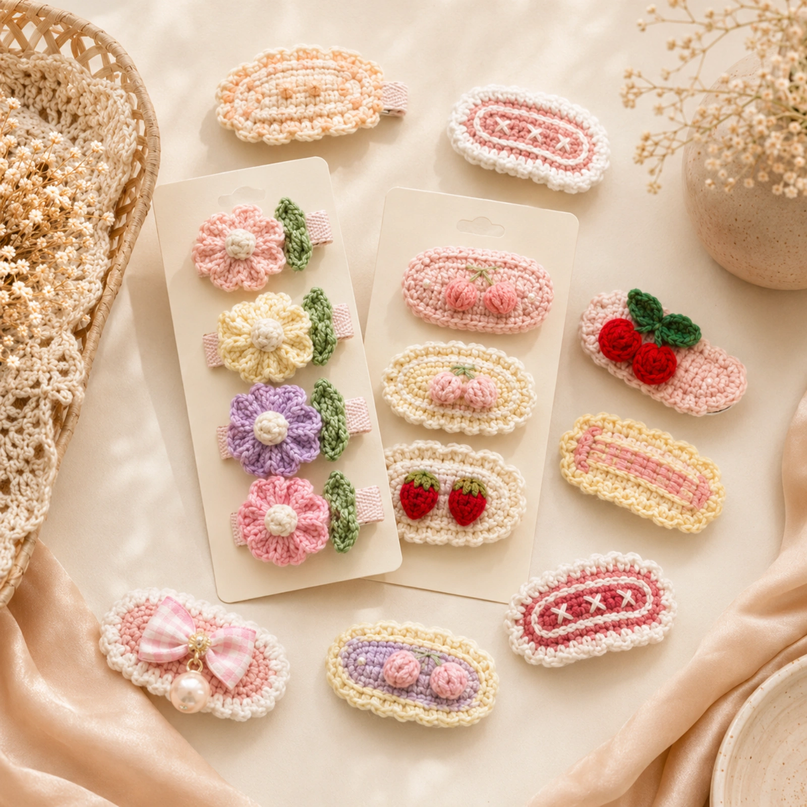 Handmade crochet hair clips and barrettes in pastel colors