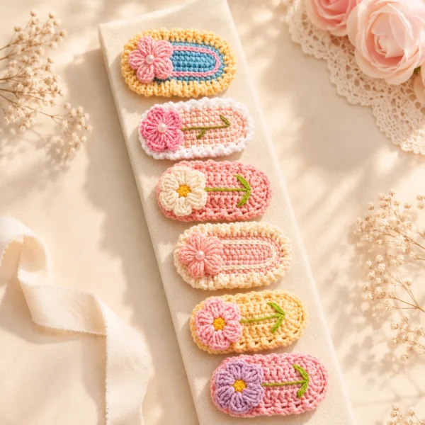 4 Mini Flower Crochet Hair Clips Set gallery image 4