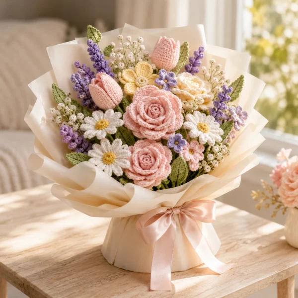 4 Rose Crochet Flower Bouquet gallery image 4