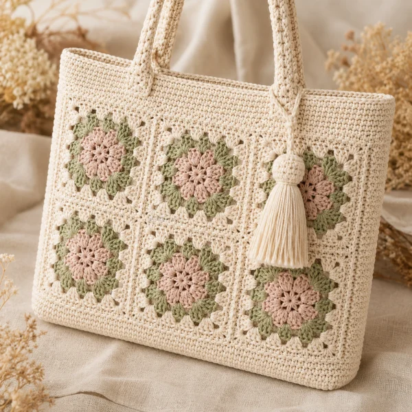 Pastel Patchwork Crochet Tote Bag gallery image 6
